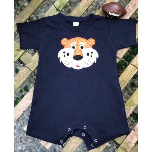 Personalized Auburn Tiger Baby Boy Romper, Navy Football Game Day Outfit, Embroidered Cotton Bubble