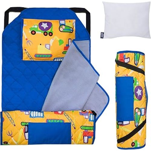 Wildkin Modern Kids Nap Mat – Soft Cotton Blend with Pillow & Elastic Straps for School & Travel - Under Construction