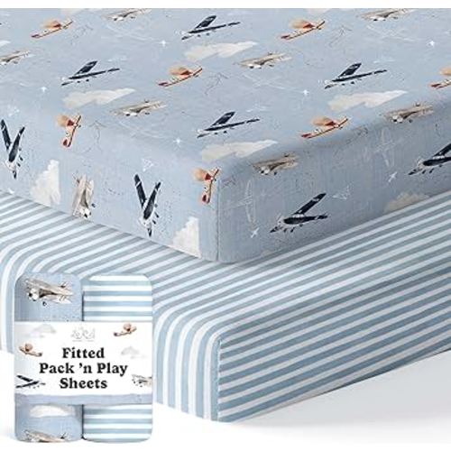 Pack and Play Sheets Fitted, Mini Crib Sheets for Graco Pack N Play Playard (38x26), Ultra Soft Cotton Blend, Safe & Snug Playpen Mattress Sheet for Baby Boys Girls, Airplane in The Clouds, 2-Pack