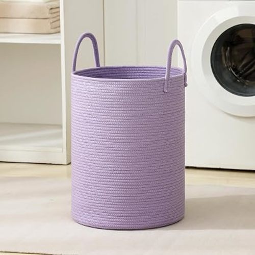 Laundry Basket Hamper Tall Rope Storage Woven for Blanket Toys Dirty Clothes in Living Room Bathroom Bedroom Purple 60L/15.8Gal