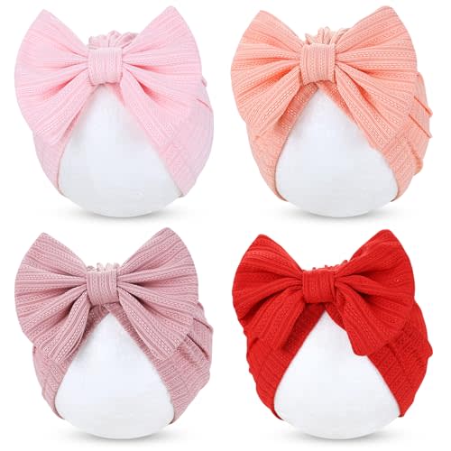 Cinaci 4 Pieces Baby Girls Turban Hats with Bow Newborn Hospital Caps Bonnets Beanies Headwraps for Infants Toddlers