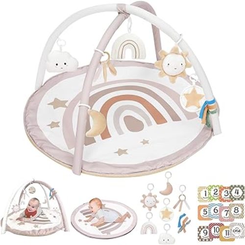 Baby Play Gym Mat, Tummy Time Activity Mat with 7 Detachable Toys and 12 Milestone Cards for Stage-Based Sensory and Motor Skill Development, Washable Play Mats for Infant, Newborn Baby Essentials
