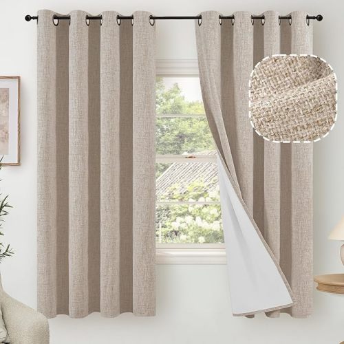 Lajode Beige 100% Blackout Curtains for Bedroom 63 Inch Length 2 Panels, Thermal Insulated Complete Light Blocking Noise Reducing Linen Window Curtains for Nursery, Bronze Grommet, Each 52" Wide