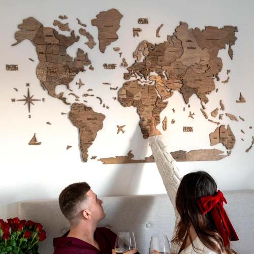 Wooden Map of The World 3D Wall Art Travel Tracker Anniversary Gift for Couple, Birthday Gift for Husband, Boyfriend