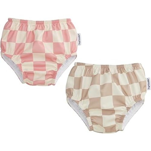 Tiny Twinkle Pull-Up Reusable Swim Diapers 2-Pack | Waterproof and UPF 50+ Sun Protection | Lightweight and Absorbent | Machine Washable(Pink,Beige Checkers,12-18M)
