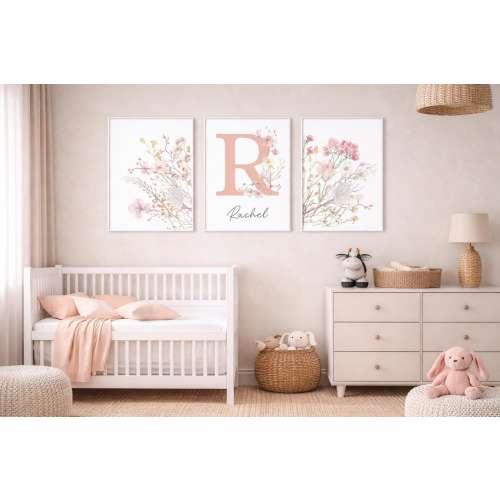 Personalized Floral Nursery Canvas Photo Wall Art Set 3 Of, Baby Girl Nursery Decor, Custom Name Initial Prints, Pink Wildflower Room Art