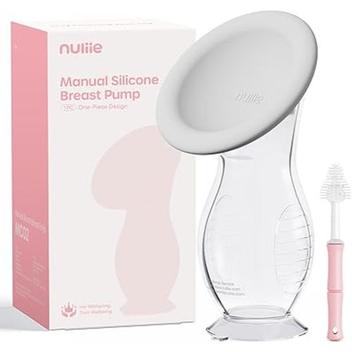 Nuliie Silicone Manual Breast Pump with Leak-Proof Lid & Suction Cup, 4oz/120ml BPA-Free, Wearable Hand Pump Breastmilk, Breast Milk Collectors for Breastfeeding Essentials, Includes Cleaning Brush