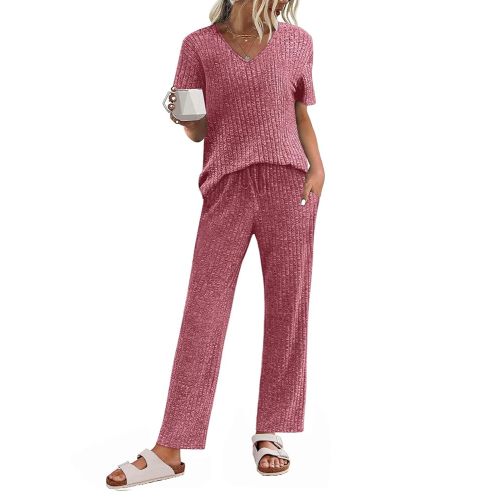 JiniGolla Women's Ribbed Knit Pajama Set 2 Piece Matching Pj Set Short Sleeve Top and Pants Lounge Set with Pockets