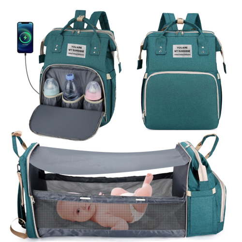 Multifunctional Diaper Bag with Portable Bed, Foldable Crib, Insulated Pocket, USB Port, Waterproof, Gift for Parents