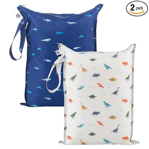 Tiny Twinkle Mess Proof Wet Bags | 2-Pack Reusable Waterproof Wet Bags for Swimsuits | Baby Clothes | Travel & Diaper Bag (Dinosaur, Ocean Life)