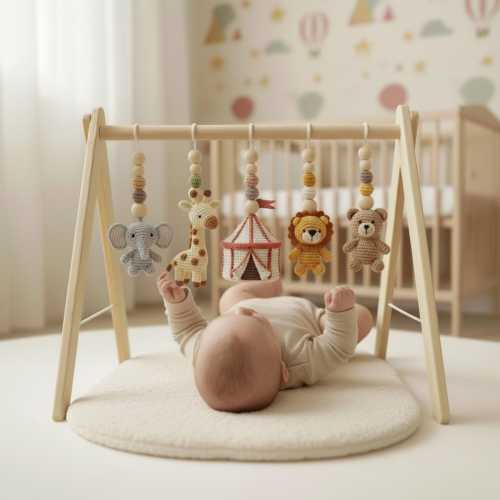 Handmade Baby Play Gym Toys, Custom Crochet Safari Circus Baby Gym Hanging Toys, Montessori Wooden Baby Gym Set, Neutral Nursery Decor