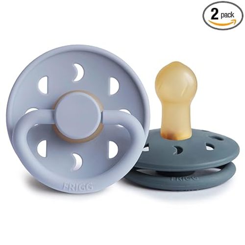 FRIGG Moon Natural Rubber Baby Pacifier | Made in Denmark | BPA-Free (Powder Blue/Slate, 0-6 Months) 2-Pack