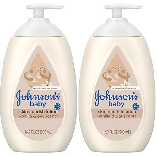 Johnson's Skin Nourishing Baby Lotion, Vanilla & Oat Scents, Hypoallergenic Baby Body Lotion for 72 Hour Hydration Until Baby's Next Bath Moisturizes & Protects from Dryness, 16.9 fl. oz (Pack of 2)