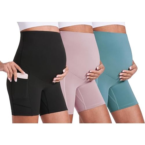 ENERFUL Women's Maternity Yoga Shorts Over The Belly Comfy Biker Workout Active Pregnancy Gym Short Pants with Pockets 8"/5"