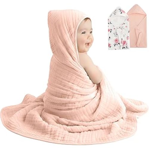 david's kids 2 Pack Baby Hooded Towels, Large 32"x32", 6 Layer 100% Muslin Cotton Absorbent Girl Bath Towel for Newborn, Infant and Toddler. Soft and Breathable Baby Essentials, Pink Floral&Rose