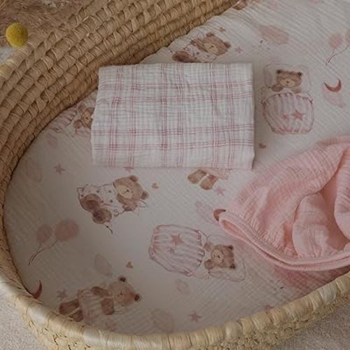 Gllquen Baby Muslin Bassinet Sheets 3 Pack, Breathable Elastic Cozy Fitted Cotton Bassinet Mattress Sheet for Baby Boy Girls, Fit for Hourglass Oval Rectangular Cradle Pad Sheets 33"x17" (Bear Dream)