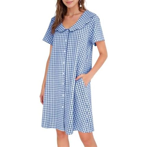Kissonic Cotton Nightgowns for Women Gingham Scalloped Edge House Dresses with Pockets Button Down Summer Night Gowns