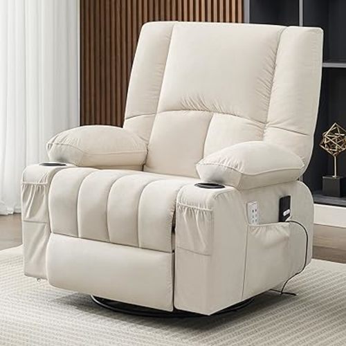 Power Rocker Oversized Recliner with Heat and Massage, 270° Swivel Rocker Recliner for Adults, USB and Type-C Ports, Single Sofa, Glider Electric(Beige)