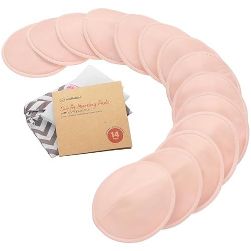 Organic Nursing Pads - 14 Washable Breast Pads for Breastfeeding, Wash Bag, Viscose Derived from Bamboo Reusable Nipple Covers for Breastfeeding Essentials, Soft & Absorbent(Pink Sand, L 5")
