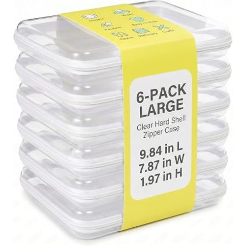 6 Pack Large White Clear Hard Shell Zipper Case, Clear Storage Organizer Bins with Zipper, Water-Resistant Travel Toiletry Bag for Toys, Cables, Crafts, Makeup, Christmas Storage Bins