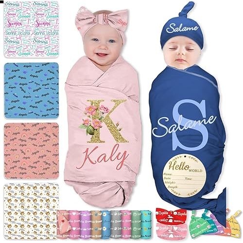 Personalized Swaddle Blanket Baby Girl Boy Custom Name Receiving Blankets with Bow Headband and Hat Set Customized Newborn Shower Items Gifts