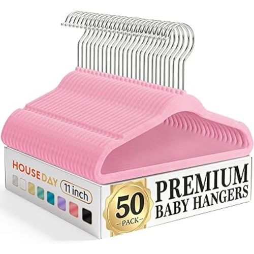 HOUSE DAY 11 Inch Velvet Baby Hangers 50 Pack Lt-Pink, Premium Kids Hangers for Children, Infant & Toddler Clothes, Durable Non Slip Small Baby Felt Hanger for Closet, Ideal for Everyday Use