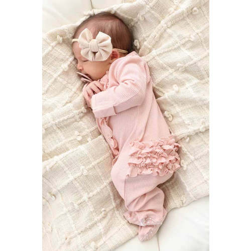 Lovely Pink Bamboo Waffle Ruffle Zipper Footie