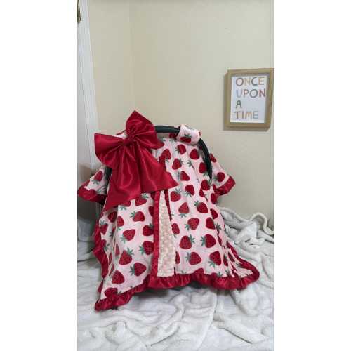 Strawberry Car Seat Canopy, Pink Minky Infant Carrier Cover with Red Bow