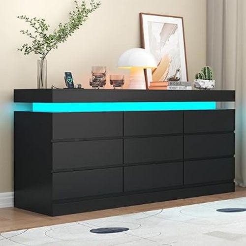 9 Drawer Dresser with Power Outlet, Dresser with LED Light, Modern Chest of Drawers for Closet, Double Wide Drawer Organizer Cabinet for Bedroom, Living Room (Black, 9 Drawers)
