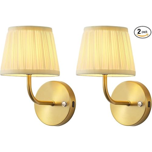 PUSU LED Cordless Gold H9.6 inch Small Wall Sconces Set of 2, Rechargeable 5200mAh Battery Operated Fabric Wall Lamp with Remote, Lighting for Living Room, Bedroom, Hallway, Bathroom, Stairs, Kitchen