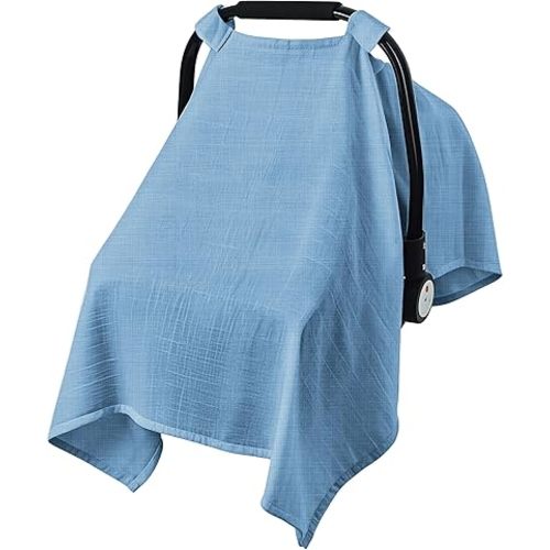 Baby Car Seat Cover, 100% Muslin Carseat Cover, Universal Carseat Covers Baby, Infant Car Seat Cover for Sun, Bug, and Comfort Protection (Blue)