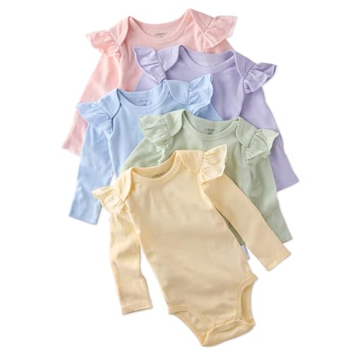 Butterblu Ashley 5-Pack Long Sleeve Ruffle Shoulder Bodysuits 100% Organic for Baby Girls