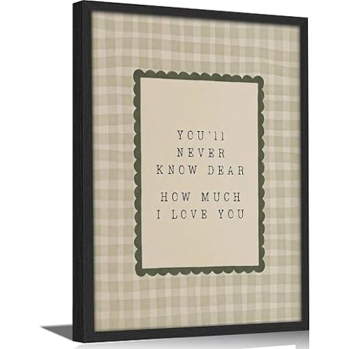 Framed 'You'll Never Know Dear How Much I Love You' Quote Wall Art, Vintage Green Gingham Canvas Print, Rustic Farmhouse Decor for Living Room Bedroom Nursery Guest Room