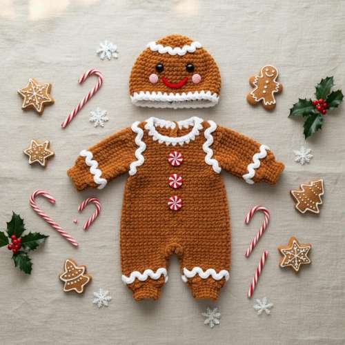 Gingerbread Man Baby Crochet Outfit, Handmade Christmas Infant Romper with Hat, Holiday Crochet Baby Costume Set