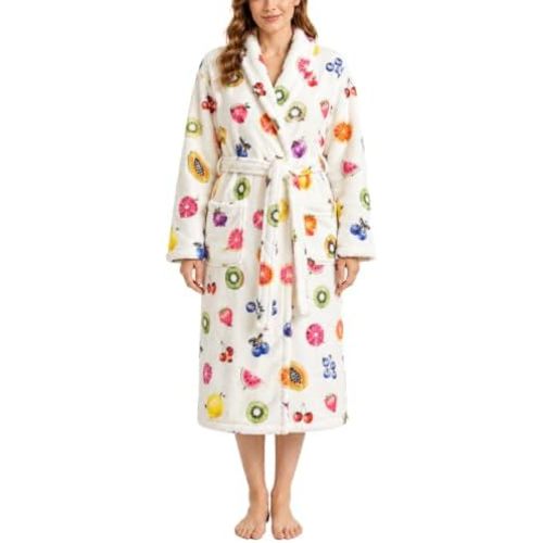 Women Fleece Fruit Print Robe Cute Robes for Women Spring Summer Lightweight Bathrobe Soft Flannel Gown with Belt