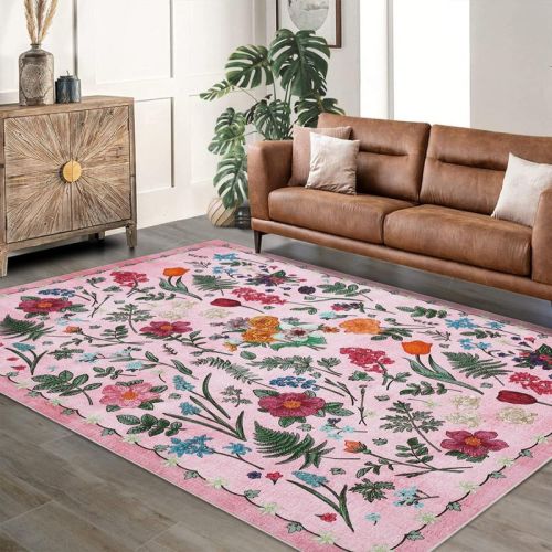 Area Rug Washable Boho Rugs Non Slip Low Pile Floral Small Carpet for Bedroom, Bedside, Kids Room, Office, Dining Room