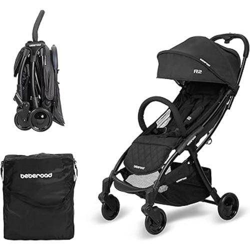 Beberoad Love R2 Small Travel Stroller - Compact, Foldable, Lightweight Baby Stroller for Airplane, Infant Toddler, Adjustable Backrest, Cup Holder & Waterproof Canopy, Black