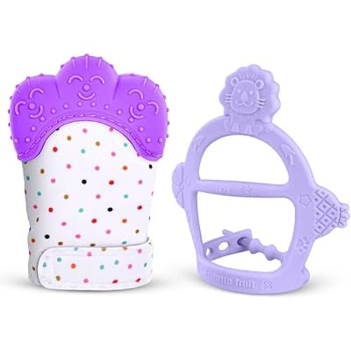 Vicloon Silicone Teething Mitt, 2Pcs Teething Mitten with Adjustable Strap, Crinkle Sound and Textured, Self Soothing Baby Chew Toys for 0-6month Infants