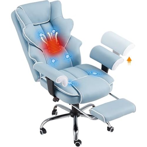 HOMREST Ergonomic Executive Office Chair with 6-Point Vibration & Heat - Reclining Managerial Chair with Adjustable Footrest and Armrests,Big and Tall Leather Home Office Desk Chairs(Airy Blue)