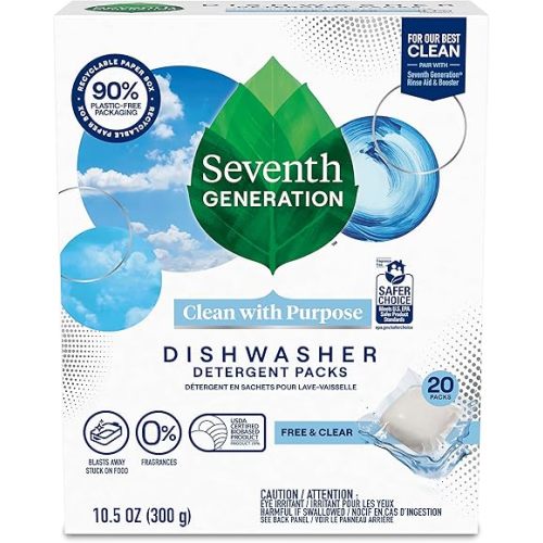 Seventh Generation Dishwasher Detergent Packs, Blasts Away Stuck-On Food, Free & Clear, 20 Packs