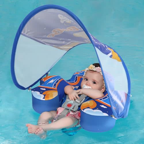 Swimbobo Baby Floats for Pool with Canopy Non Inflatable Soft Skin-Friendly Fabric Material Infant Swim Float for Boys and Girls Swimming Pool Toys (Blue Spaceship)