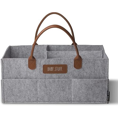 Rae Dunn Baby Diaper Caddy Organizer, Nursery Storage for Changing Table and Car, Portable Basket for Items, Shower Gifts, Grey Felt With Leather Handles, Large
