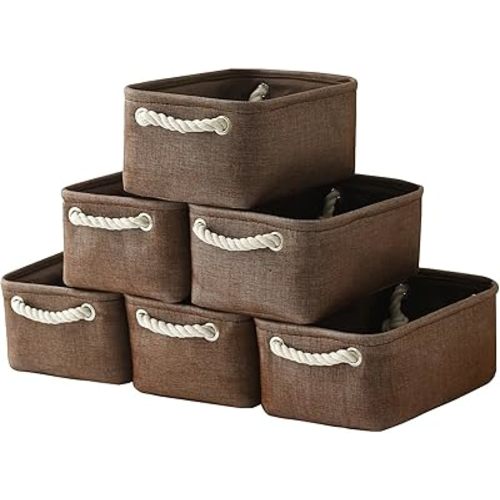 TheWarmHome Storage Basket for Organizing - 12x8x5 inch Small 6 Pack Collapsible Storage Bin for Shelves with Handles, Canves Storage Box for Cloth Closet Organizer Gift Toy (Brown)