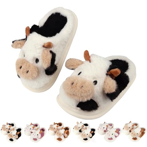 HAZYTOM Kids Cow Slippers丨Toddler Boys Girls Animal Slippers丨Youth Fuzzy Slippers丨Comfy House Slippers Shoes丨Memory Foam丨Cute Cartoon丨Soft Non-slip