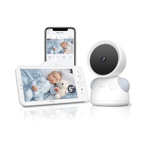 ARENTI Baby Monitor, 2K/3MP WiFi 6 Camera and Audio, 5-inch Wireless Screen, Smartphone App, Super Night Vision, Crying Detection, Auto Tracking, Temp&Humidity Sensor, Cloud&SD Card Storage (D3 Kit)