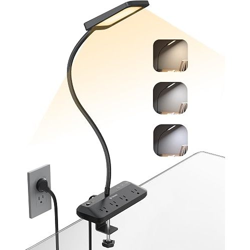 TROND LED Desk Lamp with Clamp Power Strip - Eye Caring Desk Light with 4 Surge Protector Outlet, 15 Lighting Mode, 6ft Flat Plug Extension Cord, Gooseneck for Home Office College Dorm Room Essentials