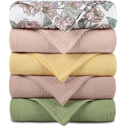 Muslin Receiving Blankets, Neutral Blanket Swaddling for Newborn Boys and Girls, 5 Pack Breathable and Skin-Friendly Swaddle Wrap for Infant Baby (Pink Flower)