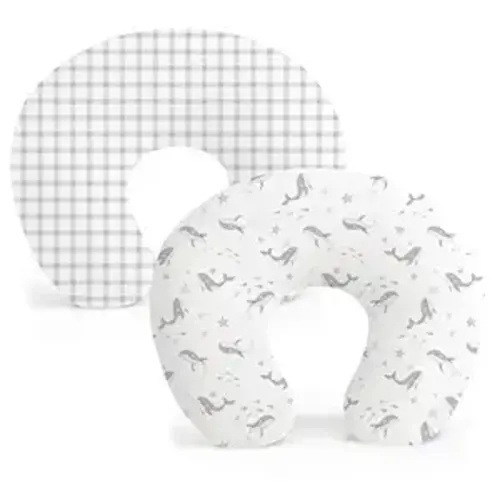 Konssy 2 Pack Nursing Pillow Covers, Stretchy and Soft Nursing Cover for Breastfeeding Pillows, Pillow Slipcover for Baby Girls Boys Newborn (Starry Whales,Cozy Grid)