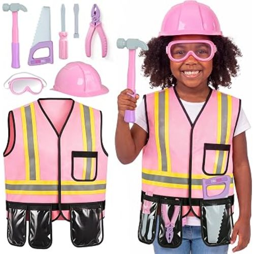 Pink Kids Tool Set with Construction Worker Costume for Girls Ages 3-5 - Toddler Dress Up Clothes, Toy Tools, Hat & Vest, Preschool Toys, STEM Educational Role Play Toys Gift