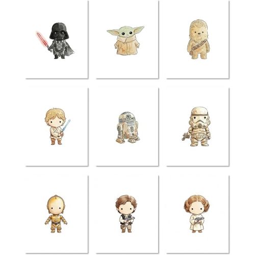 Star Wars Space Nursery Decor, Galactic Wall Art Watercolor Prints, Set of 9 Sci-Fi Kids Room Posters, Star Wars Nursery Bedroom Decorations Unframed (8x10")